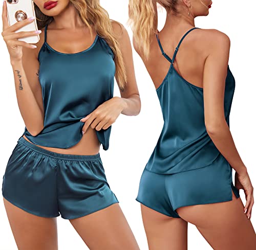 Ekouaer Pajamas Womens Sexy Lingerie Satin Sleepwear Silk Cami Shorts Set Soft Sleep Pjs 2 Piece Nightwear Gift