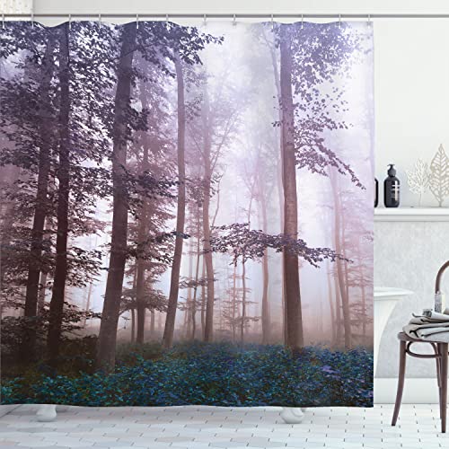 Ambesonne Forest Shower Curtain Autumn Season Mystic Foggy Fall Nature and Enchanted Woods Wild Trees Print Cloth Fabric Bathroom Decor Set with Hooks 69 W x 70 L Blue Violet