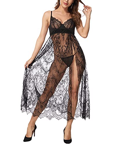 LINGERLOVE Plus Size Lingerie for Women Sexy Split Maxi Long Gown Sheer Dress