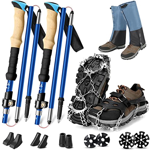 Odoland Collapsible Trekking Poles with Crampons and Leg Gaiters 2 Pack Hiking Walking Sticks 21 Stainless Steel Ice Cleats for Shoes Boots Safe Protection for Climbing Snow Mountaineering Fishing