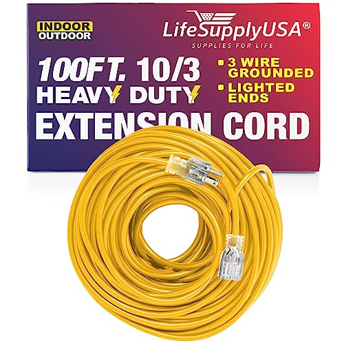 100 ft Power Extension Cord Outdoor  Indoor Heavy Duty 10 Gauge3 Prong SJTW Yellow Lighted end Extra Durability 15 AMP 125 Volts 1875 Watts by LifeSupplyUSA