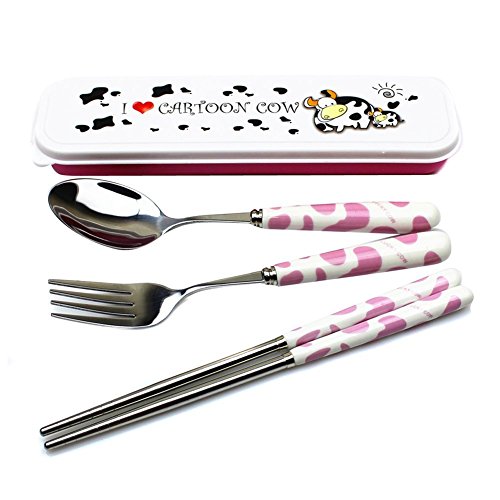 OLizee 3 Piece Cow Pattern Design Cutlery Set Black  Stainless Steel Chopsticks Spoon and Serving Spoon with Ceramic Handles Perfect for Picnics or Camping