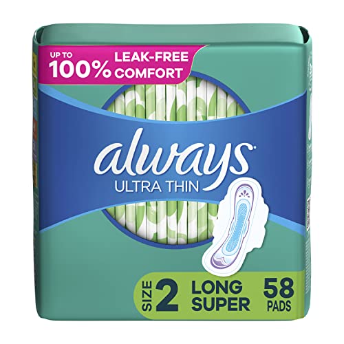 Packaging May Vary Always Ultra Thin Pads Size 2 Super Long Absorbency Unscented Wings 58 Count