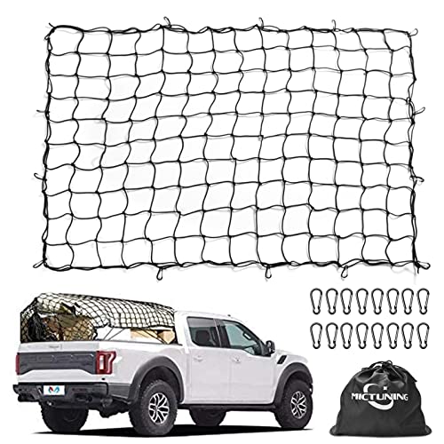 Cargo Net MICTUNING 5x7 Feet Heavy Duty Truck Bed Bungee Nets Stretches to 10x14 Feet with 16pcs D Shape Aluminum Carabiners Universal for Pickup Truck SUV Trailer Boat RV