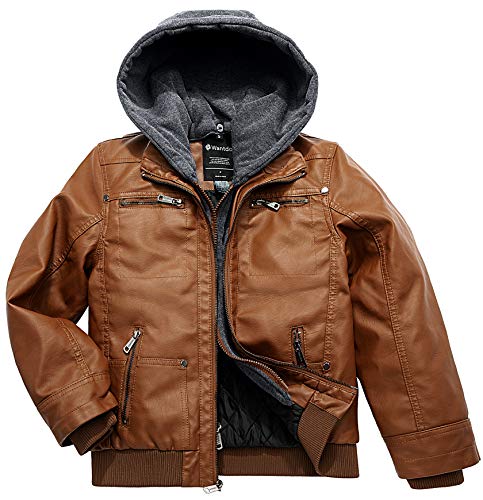 Wantdo Boy39s Faux Leather Jacket Zipper Up Hoodie Zipper Coat with Removable Hood