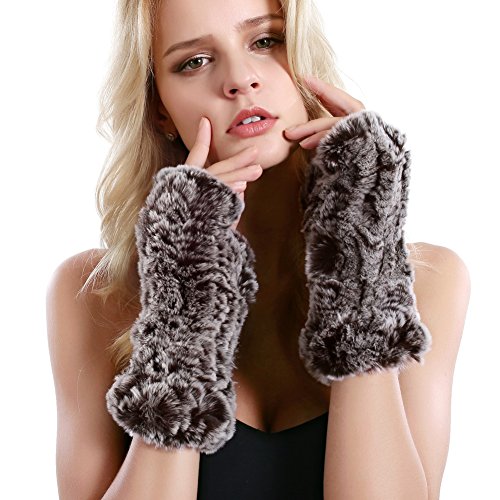 Women Fur Gloves  Real Rabbit Fur Mittens Winter Knit Warm Fingerless Hand Warmer