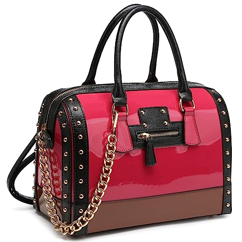 Shiny Patent Faux Leather Handbags Barrel Top Handle Satchel Bag Shoulder Bag for Women