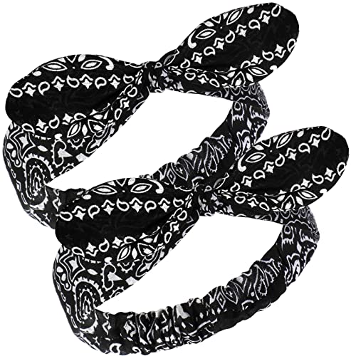 2 Pieces Bandana Headband for Women and Girls Knot Retro Print Headbands Paisley Print Headband Headwrap for Girls and Women Black