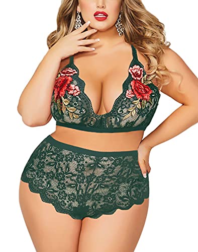 JuicyRose Plus Size 2 Piece Lingerie for Women Sexy Rose Applique Lace Bra and High Waist Panty