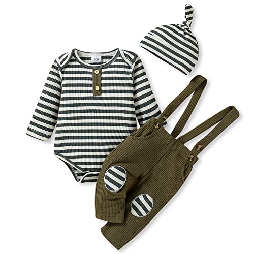 Unisex Baby Romper Striped Longsleeve Romper and Baby Waffle Overalls with a Hat Set 024 Months