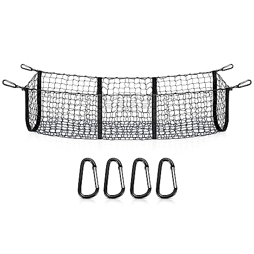 MICTUNING 3 Pocket Trunk Cargo Organizer Storage Net  Heavy Duty Cargo Net for Car SUV Pickup Truck Bed  Black Mesh with Free 4 Metal Carabiners