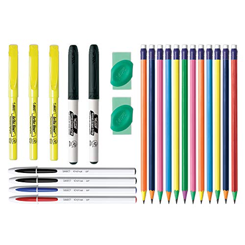 BIC Student Kit Assorted School Writing Essentials 23Count  Includes Ball Pens Mechanical Pencils Erasers Highlighters Dry Erase Markers