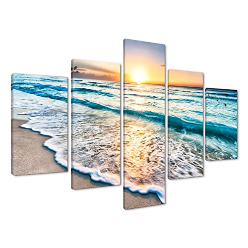 Blue Beach Ocean Sunrise Modern Landscape Painting 5 piece canvas art HD Prints Pictures Giclee Artwork Wall Art for Living Room Home Decor Wooden Framed Stretched Ready to Hang503939Wx243939H