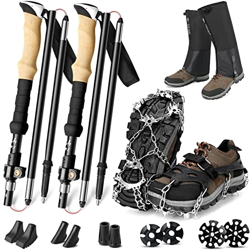 Odoland Collapsible Trekking Poles with Crampons and Leg Gaiters 2 Pack Hiking Walking Sticks 21 Stainless Steel Ice Cleats for Shoes Boots Safe Protection for Climbing Snow Mountaineering Fishing