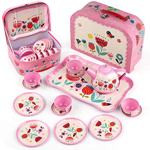 DFantiX Kids Tea Set for Little Girls 15Pcs Pink Tin Tea Party Set for Toddlers Afternoon Tea Time Playset with Metal Teapots Tea Cups Play Dishes Princess Toys Gifts with Carry Case