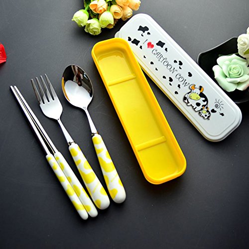 OLizee 3 Piece Cow Pattern Design Cutlery Set Black  Stainless Steel Chopsticks Spoon and Serving Spoon with Ceramic Handles Perfect for Picnics or Camping