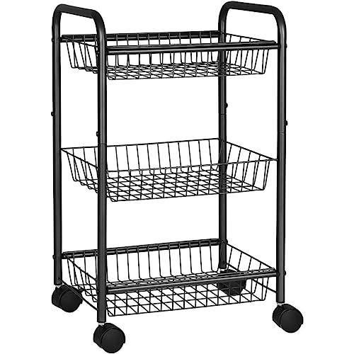 SONGMICS 3Tier Metal Rolling Cart on Wheels with Baskets Lockable Utility Trolley with Handles for Kitchen Bathroom Closet Storage with Removable Shelves Black UBSC03BK