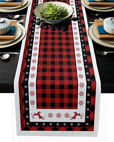 Libaoge Christmas Table Runner 36 inches Long Merry Gnome Snowflake Red Buffalo Plaid Burlap Coffee Table Runners for Thanksgiving DinnerPartiesWeddingFamily Gathering 13x36in