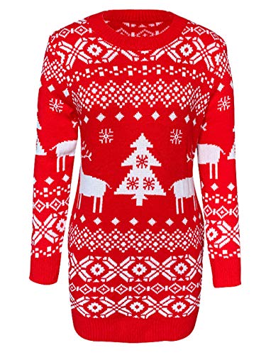 AnnaKaci Women39s Christmas Sweater Long Sleeve Reindeer Tree Snowflakes Patterns Knit Sweater Dress