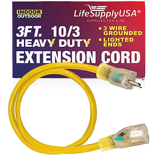 3 ft Power Extension Cord Outdoor  Indoor Heavy Duty 10 Gauge3 Prong SJTW Yellow Lighted end Extra Durability 15 AMP 125 Volts 1875 Watts by LifeSupplyUSA