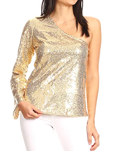 AnnaKaci Women39s Long Sleeve One Shoulder Sequin Party Top Blouse Sparkly Shirts