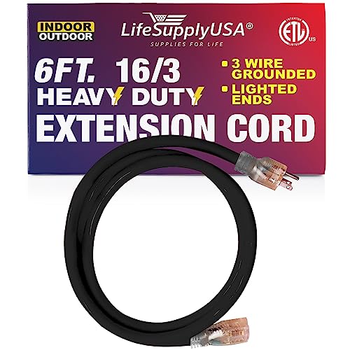 6 ft Power Extension Cord Outdoor  Indoor Heavy Duty 16 Gauge3 Prong SJTW Black Lighted end Extra Durability 13 AMP 125 Volts 1625 Watts ETL Listed by LifeSupplyUSA