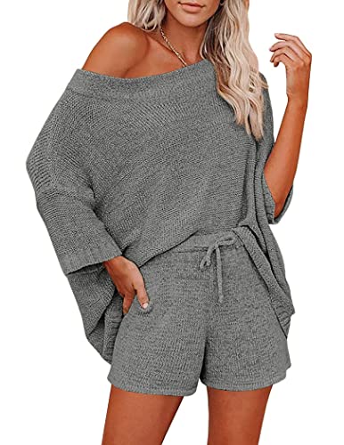 Ekouaer Women 2 Piece Outfits Sweater Sets Off Shoulder Knit Pajama Set 34 Sleeve Tops Drawstring Waist Shorts Suits