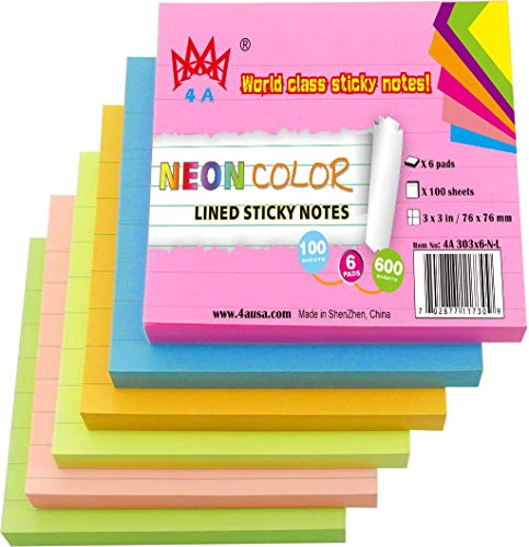 4A Sticky Notes3 x 3 InchesNeon AssortedLinedSelfStick Notes100 SheetsPad6 PadsPack4A 303x6NL