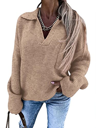 Imily Bela Women39s V Neck Fall Sweaters Long Sleeve Collared Oversized Knitted Outfits Pullover Jumper Top with Pocket