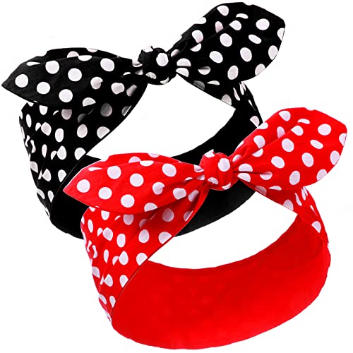 2 Pieces Head Scarf for Women Retro 1940s Head Scarf Bandana Headband Red Black Boho Bow Headbands Vintage Bunny Ear Hairband Girls Hair Accessories Classic Dot