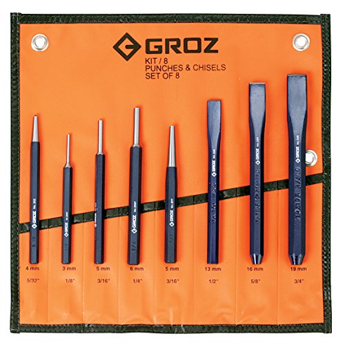 Groz 13Piece Punch  Chisel Set  Octagonal Shank Cold Chisels  Heavy Duty Center Punch  Pin Punches  Heavy Duty Drift Punch  Heavy Duty Prick Punches  Vinyl Pouch  33006