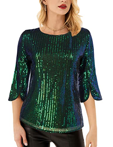 Women39s Sparkle Sequin Party Blouse Tops Shimmer Glitter 34 Slit Sleeve Dressy Tops