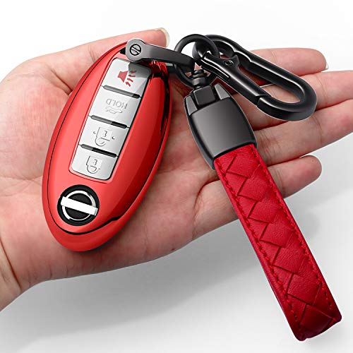 Autophone Compatible with Nissan Key Fob Cover with Leather Keychain Soft TPU 360 Degree Protection Key Case for Altima Maxima Rogue Armada Pathfinder Smart Key 3 4 5ButtonRed