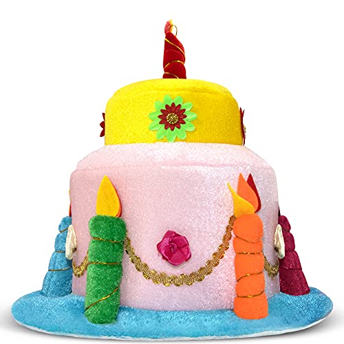 Novelty Place Plush Happy Birthday Cake Hat Two Tier Stacked Cake  Unisex Adult Size Fancy Dress Party Hats  Perfect as Party Favors Costume Accessories  Cake  5 Multicolor Candles