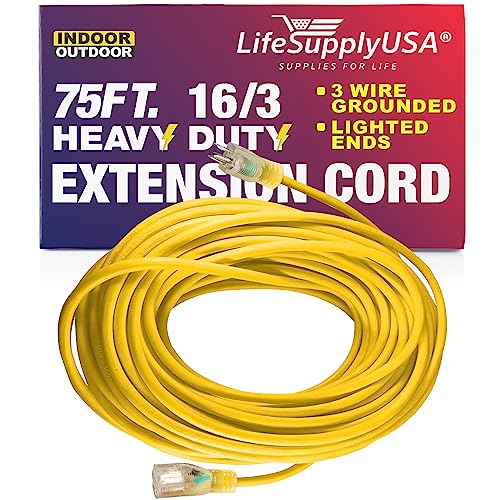 75 ft Power Extension Cord Outdoor  Indoor Heavy Duty 16 Gauge3 Prong SJTW Yellow Lighted end Extra Durability 10 AMP 125 Volts 1250 Watts by LifeSupplyUSA