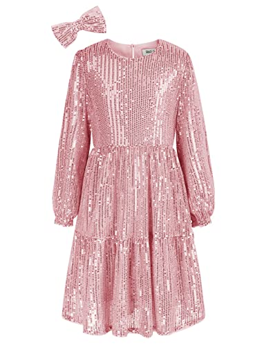 GRACE KARIN Girl39s Long Sleeve Crew Neck Sequined ALine Dress with Hair Bow