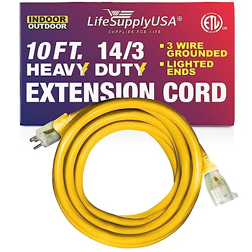 10 ft Power Extension Cord Outdoor  Indoor Heavy Duty 14 Gauge3 Prong SJTW Yellow Lighted end Extra Durability 15 AMP 125 Volts 1875 Watts ETL Listed by LifeSupplyUSA