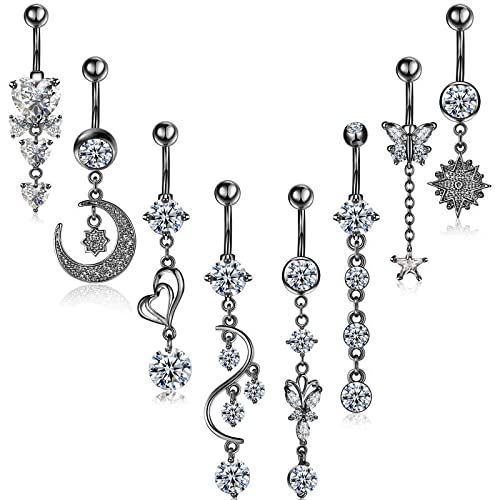 8 Pieces 14G Belly Button Rings Steel Long Dangle Navel Ring CZ Body Piercing Jewelry Gold
