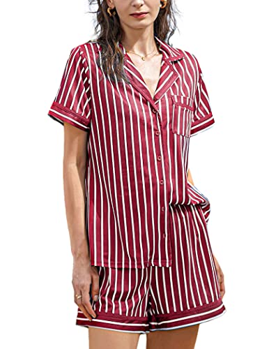 Ekouaer Pajamas Soft Striped Women39s Short Sleeve Button Sleepwear Shorts Shirt PJ SetSXXL