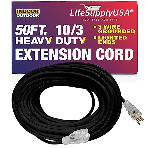 50 ft Power Extension Cord Outdoor  Indoor Heavy Duty 10 Gauge3 Prong SJTW Yellow Lighted end Extra Durability 15 AMP 125 Volts 1875 Watts by LifeSupplyUSA