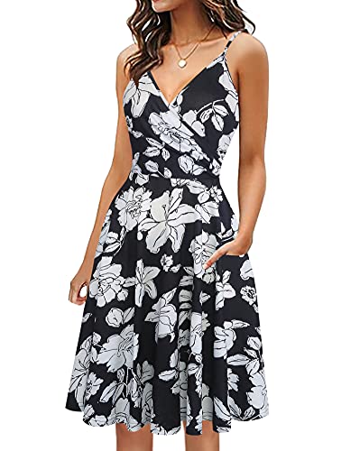 oxiuly Women39s V Neck Ruched Summer Casual Dress Spaghetti Strap Floral Sundress Fit and Flare Party Dresses OX388