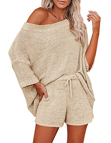 Ekouaer Women 2 Piece Outfits Sweater Sets Off Shoulder Knit Pajama Set 34 Sleeve Tops Drawstring Waist Shorts Suits