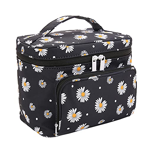 HOYOFO Makeup Bags for Women Large Cosmetic Bags with Brush Holders Travel Make up Bag Black Daisy