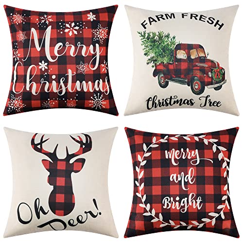 Ekouaer Christmas Pillow Covers 18x18 Inch Set of 4 Plaid Printed Pillow Cover Holiday Linen Pillow Case for Sofa Couch Christmas Decorations Throw Pillow Covers