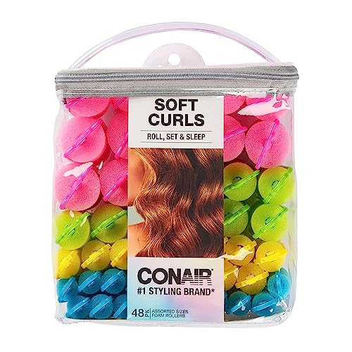 Conair Hair Rollers Hair Curlers with Self Grip Foam Rollers in Neon Colors Assorted Sizes 48 Pack