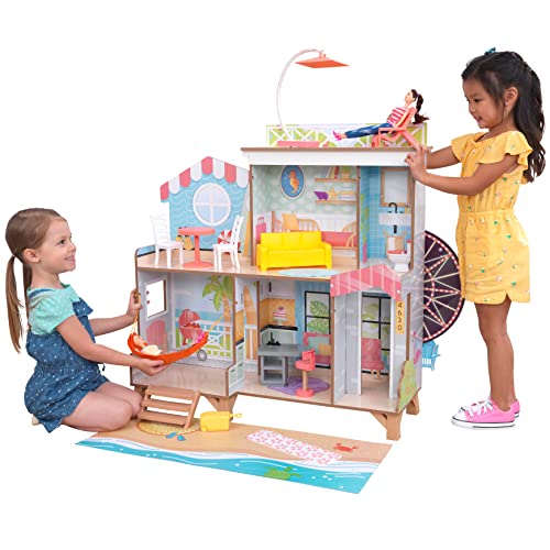 KidKraft Ferris Wheel Fun Beach House Dollhouse TwoSided with 19 Play Accessories and EZ Kraft Assembly Gift for Ages 3