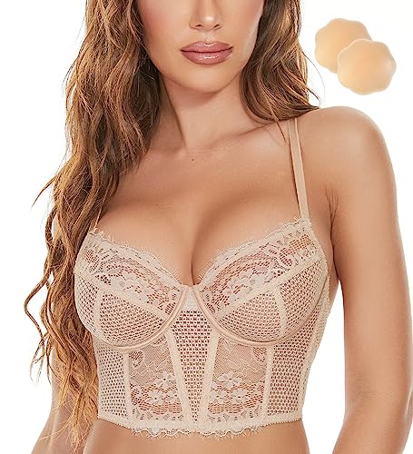 Wingslove Women39s Sexy Lace Balconette Bra Longline See Through Unlined Underwire Multiway Bralette with Silicone Nipple