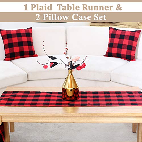 BETTERLINE Buffalo Check Plaid Set of Table Runner and 2 Throw Pillow Covers  Plaid Pattern Checkers  72 Inch x 14 Inch Runner and 18 Inch x 18 Inch Pillow Cover Case