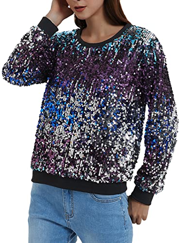 Women Sequin Crewneck Sweatshirt Long Sleeve Casual Glitter Sparkly Pullover Top