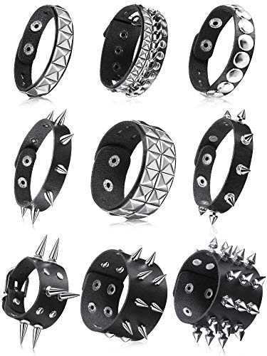 9 Pieces Spiked Studded Bracelet Black Leather Rivet Punk Bracelet Cuff Wrap Bangle Snap Button Metal Wristband for Men Women